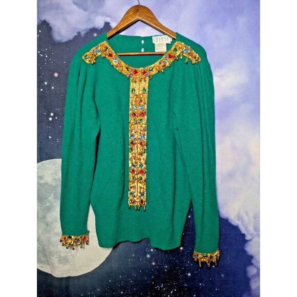 Vintage Green Jewel Embellished Sweater Size M Shannan Glam 80s Festive Luxury - Picture 4 of 7